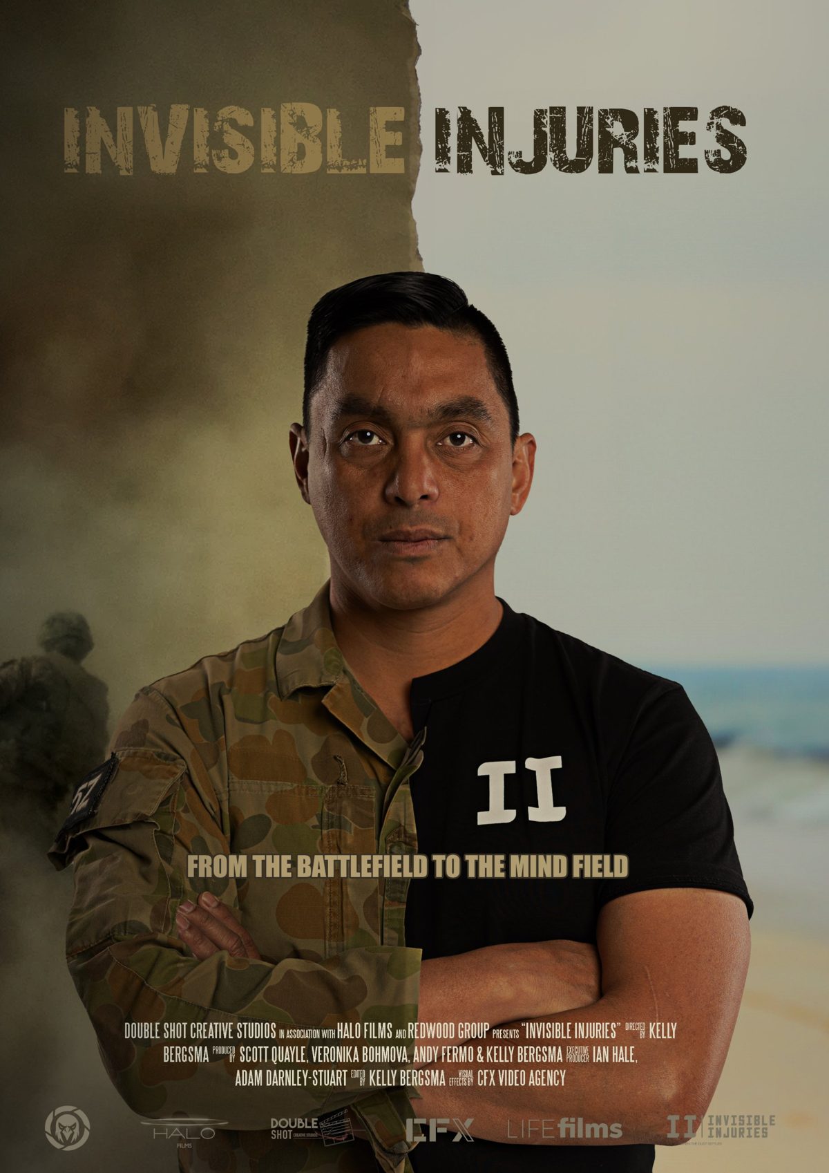 Invisible Injuries official poster: a veteran, half in army uniform and half in civilian clothes, with the tagline From the battlefield to the mind field